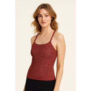 Crochet Knit Tank Top Red Square Neck Boho Festival Summer XS Mango MNG Casual